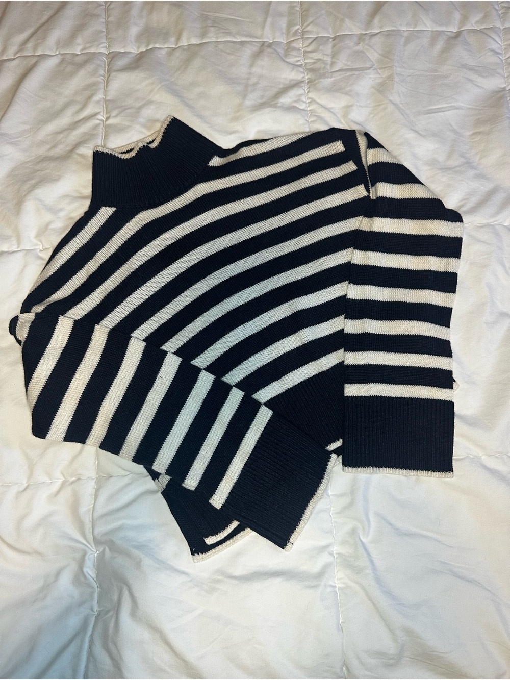 Divided Black and White Striped Mock Neck Sweater